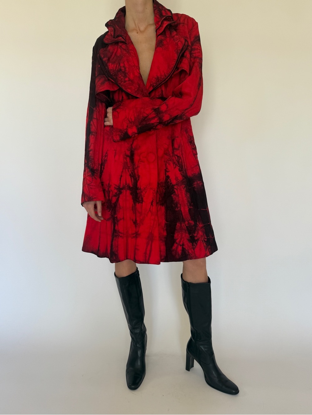 Red Tie-Dye Long Sleeve Jacket & Dress In 1
